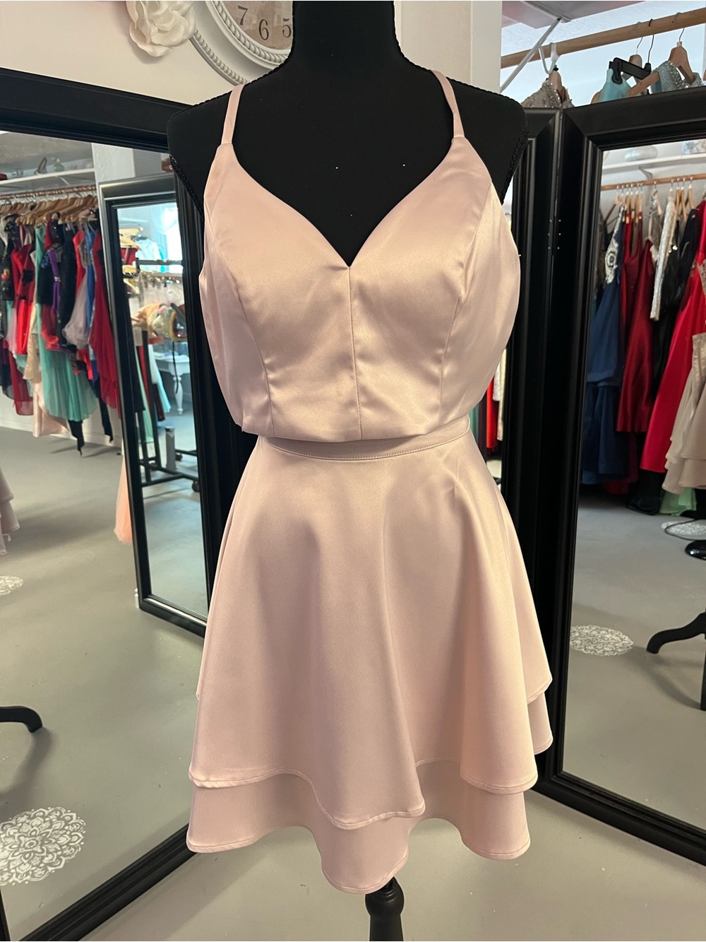 Sequin Hearts Blush Pink Satin Spaghetti-Strap Fit & Flare Dress